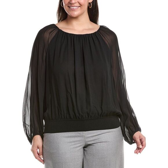 Lafayette 148 New York Tops - Lafayette 148 New York Womens Plus Gathered Neck Balloon Silk Blouse, Black